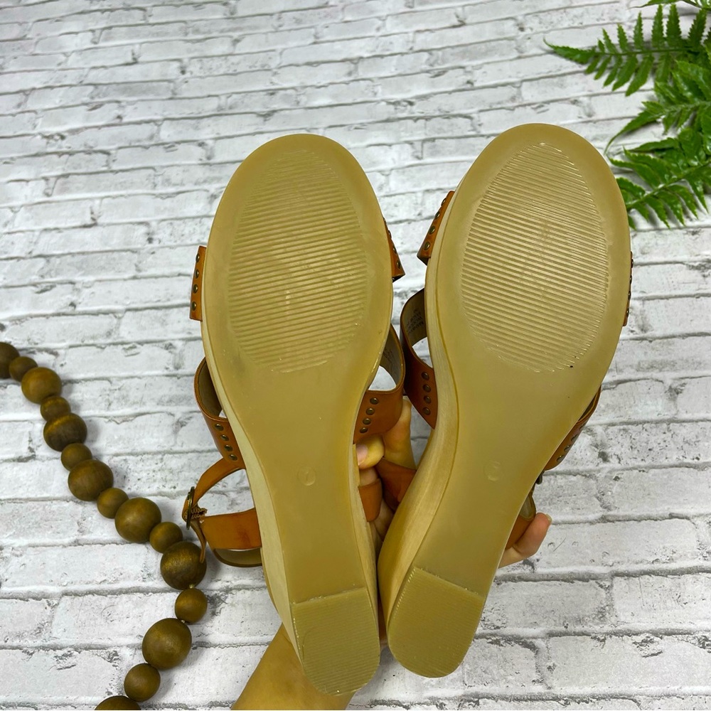 Loft Women’s Cognac Camel Brown Wooden Wedge Sandals Size 7 Bohemian Neutral 90s - Picture 11 of 13